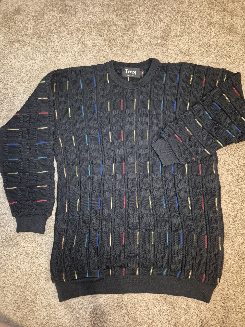 Vtg NWOT New Black Men's Textured Crewneck Sweater Multi-Color Accents Large